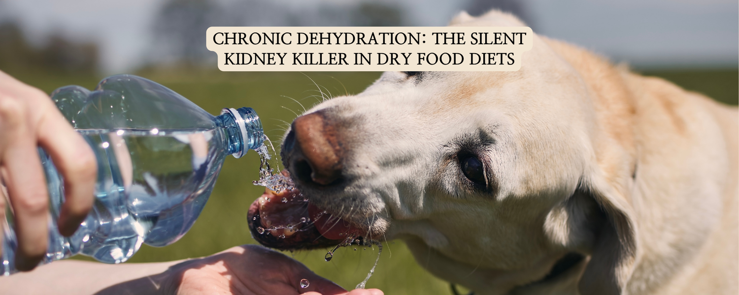 A close-up shot of a Corgi drinking water from a plastic bottle held by a hand, with a text overlay: 'Chronic Dehydration: The Silent Kidney Killer in Dry Food Diets'.