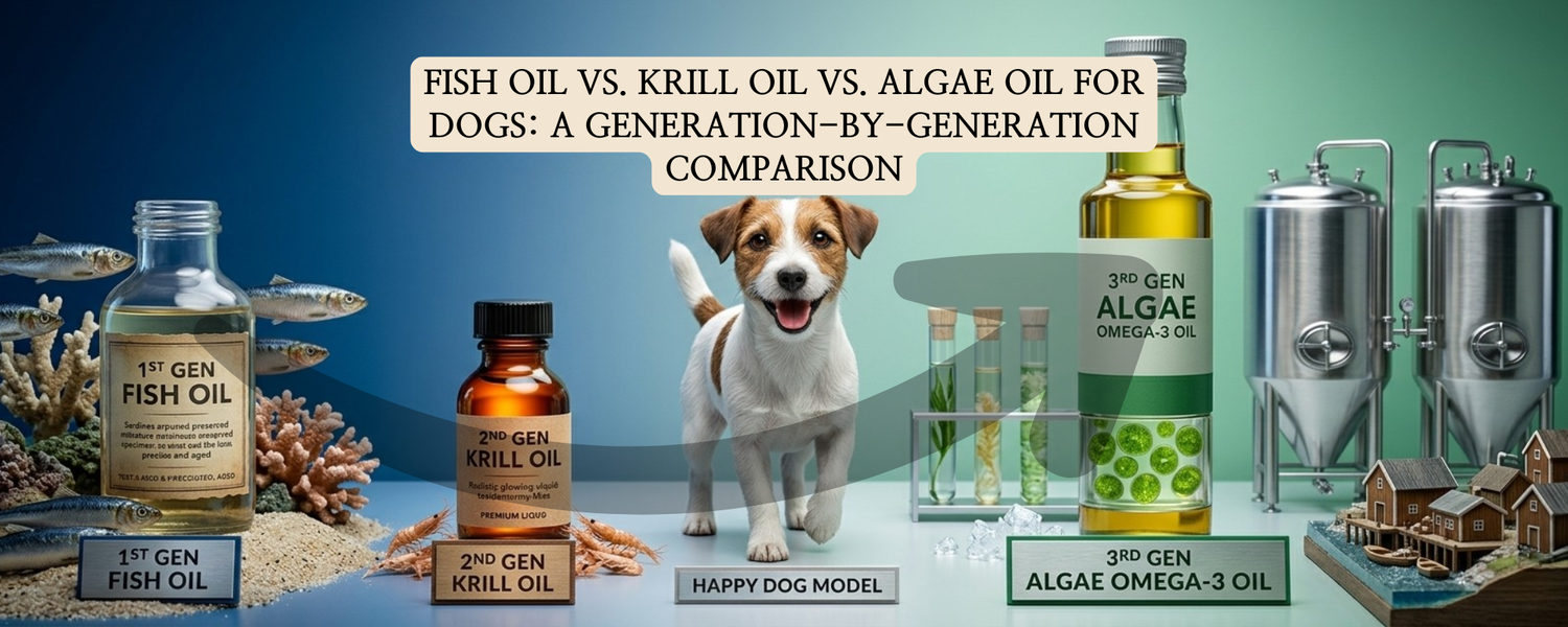 A professional, hyper-realistic illustrative blog thumbnail. Centered text reads: "FISH OIL VS. KRILL OIL VS. ALGAE OIL FOR DOGS: A GENERATION-BY-GENERATION COMPARISON".