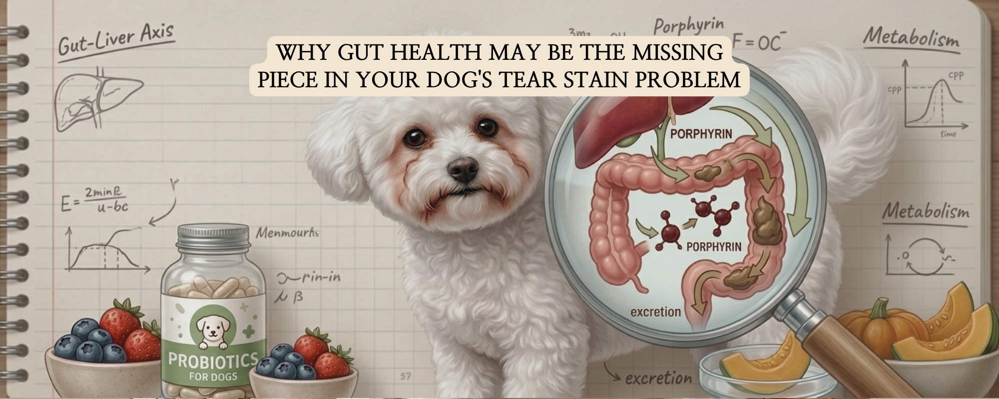 Visualizing the link between dog tear stains and gut health: showing how porphyrin molecules are excreted through the intestine, supported by probiotics and fiber.