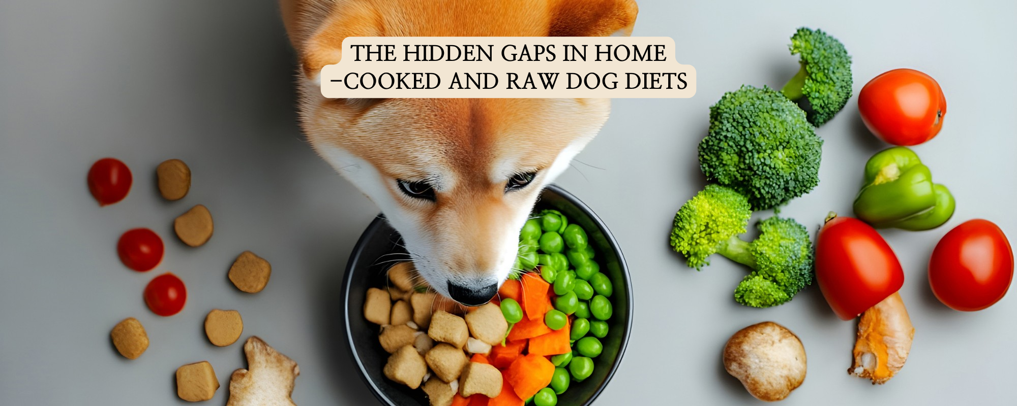 A high-angle view of a Shiba Inu dog looking directly at the camera, flanked by fresh vegetables like broccoli and tomatoes and treats on a grey background, with the blog post title 'THE HIDDEN GAPS IN HOME-COOKED AND RAW DOG DIETS' rendered above.