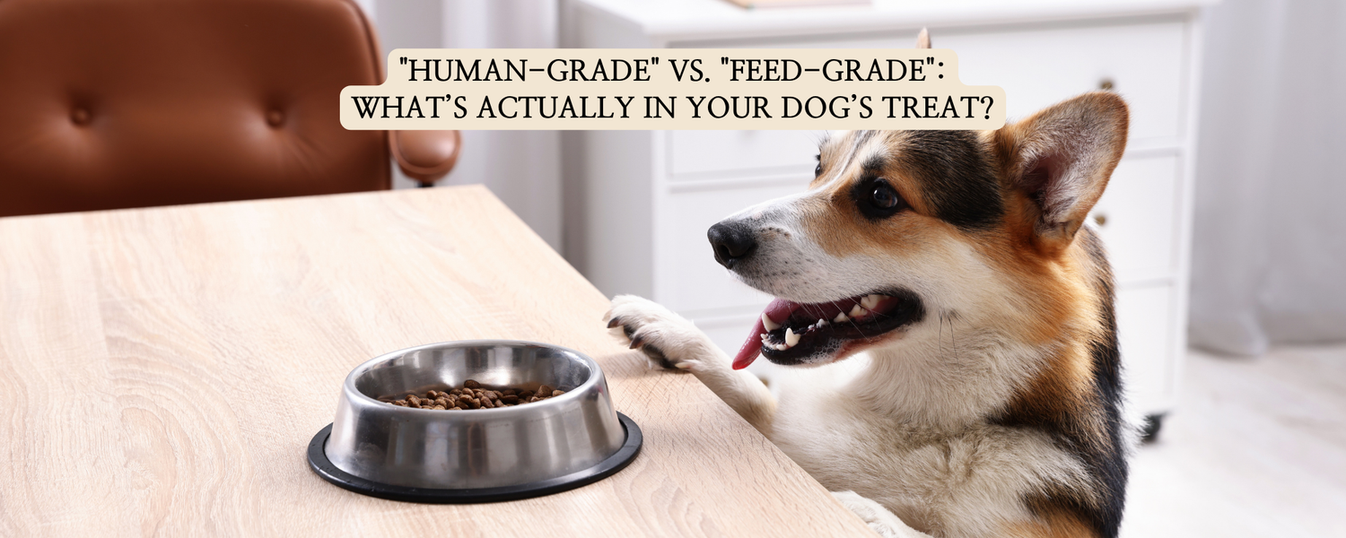 A Corgi looking at a bowl of food on a wooden table, with a text overlay comparing 'Human-Grade' vs. 'Feed-Grade' dog treats.