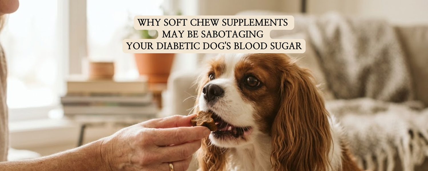 A dog with brown and white fur about to eat a soft chew supplement from a person's hand. Text overlay reads: "Why soft chew supplements may be sabotaging your diabetic dog's blood sugar" to warn about hidden glucose spikes in pet treats.